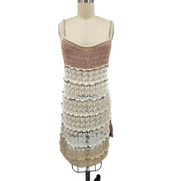 New Handmade Scalloped Cover Up Dress Womens M/L Cotton Rayon Pink Ivory Mini - Picture 1 of 5